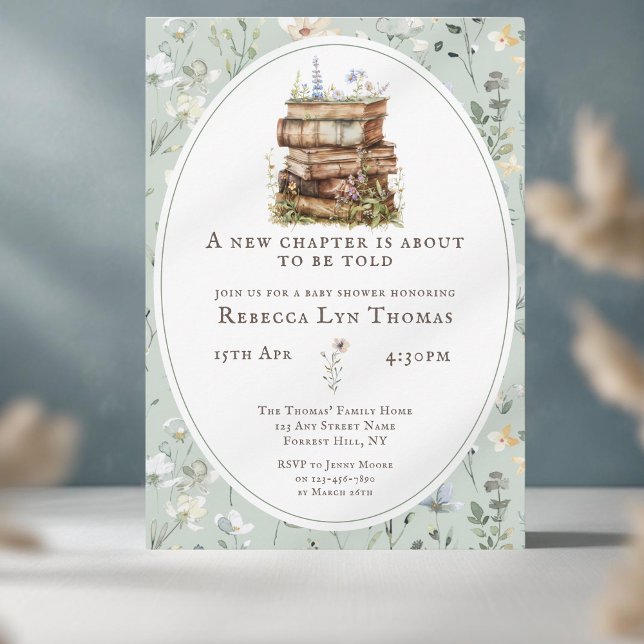 Nytt kapitel, vattenfärg för babydusch, vilda blom inbjudningar (baby shower new chapter green flower)