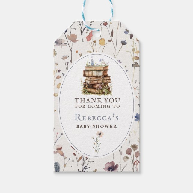 Nytt kapitel, vattenfärg för babydusch, vilda blom presentetikett (Framsidan)