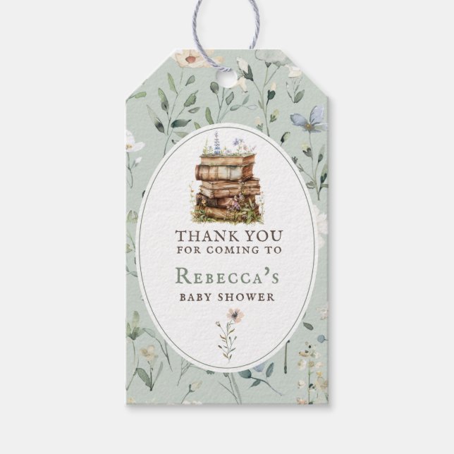 Nytt kapitel, vattenfärg för babydusch, vilda blom presentetikett (Framsidan)