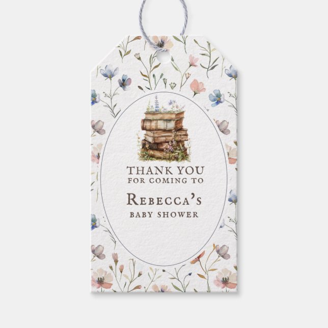 Nytt kapitel, vattenfärg för babydusch, vilda blom presentetikett (Framsidan)