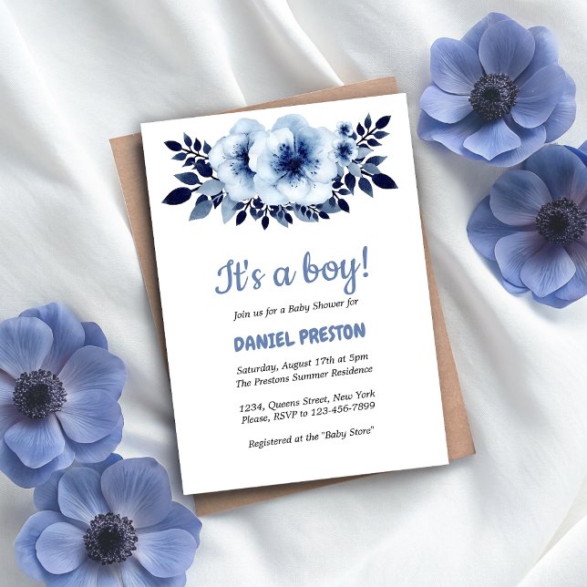 Nytt, ljusblått, färgsfärgat babyskor inbjudningar (Gentle Light Blue Flower Watercolor Baby Shower Invitation)