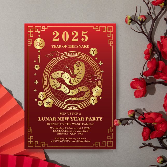 Nytt månår 2025 - Ormens år - 新 年 Inbjudningar (Mark the Lunar Year 2025 with this elegant red and gold invitation.)