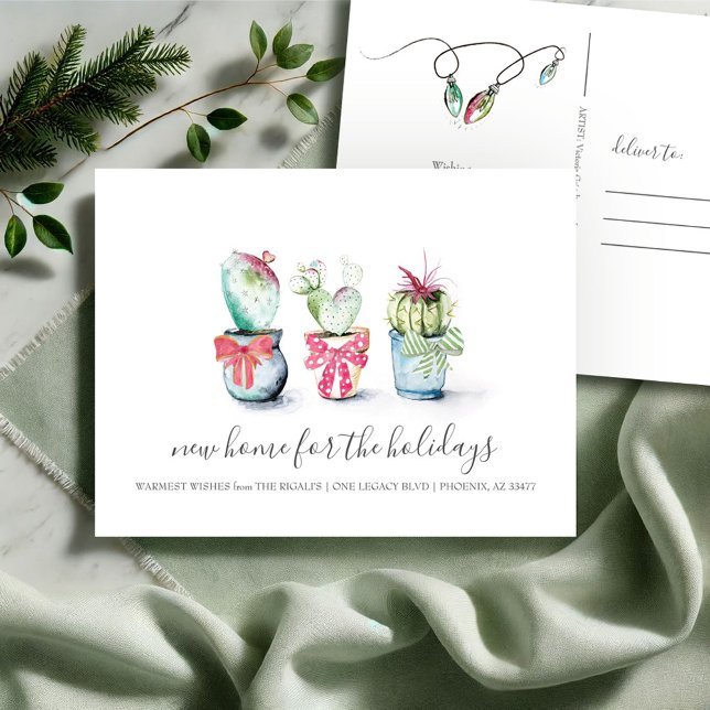 Nytt meddelande om Flytta i hemmet - julaktualitet (Christmas cactus new address moving announcement postcard watercolor art by Victoria Grigaliunas)