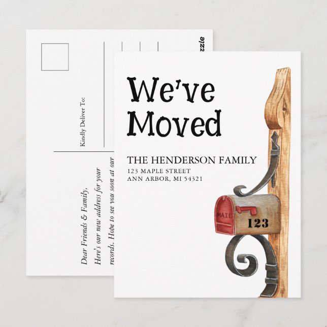 Nytt vykort för meddelande om Flytta i postlåda he (Fram/baksida)