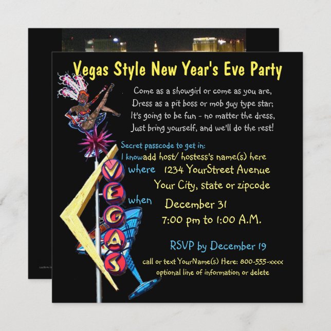 Nytt Year'sEve för Las Vegas stil party Inbjudningar (Fram/baksida)