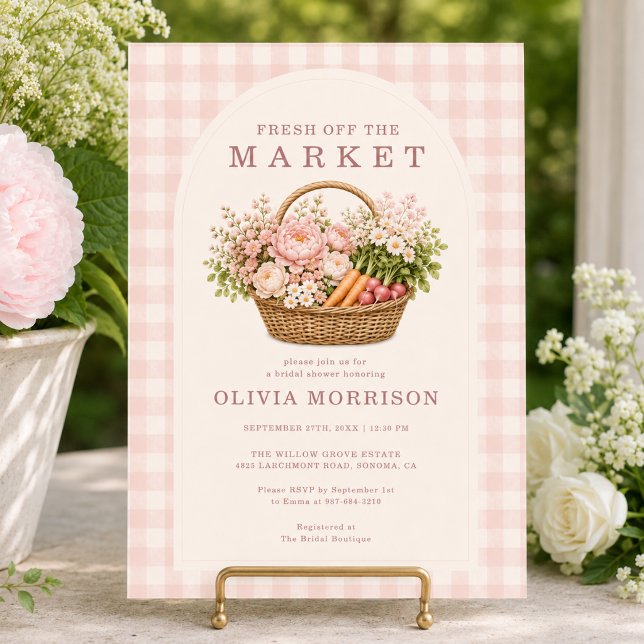 Nyutkommen på Marknaden Rosa Gingham Bröllopsdusch Inbjudningar (Skapare uppladdad)