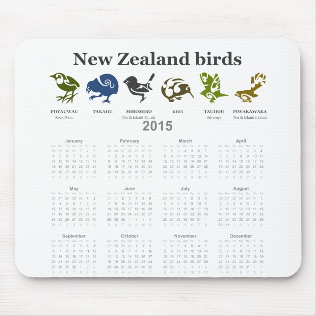 Nyzeeländska fåglar, kalender 2015 musmatta (Framsidan)