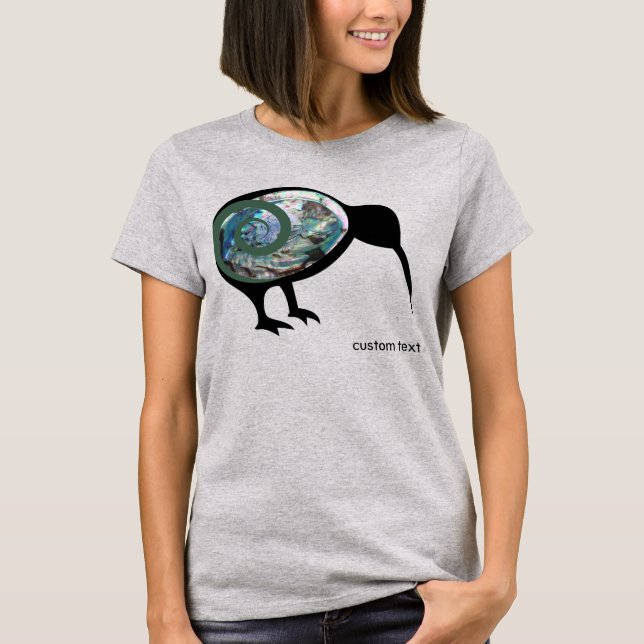 NZ KIWI BLACK SHINY PAUA FERN KORU NEW ZEALAND T SHIRT (Framsida)