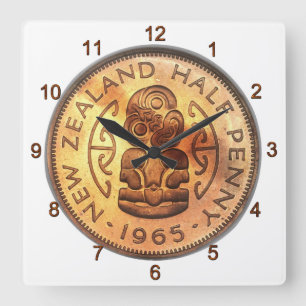 NZ Nya Zeeland Halva Penny Tiki Clock Fyrkantig Klocka
