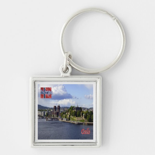 O004 OSLO, Norge, Europa Fyrkantig Silverfärgad Nyckelring (Framsidan)