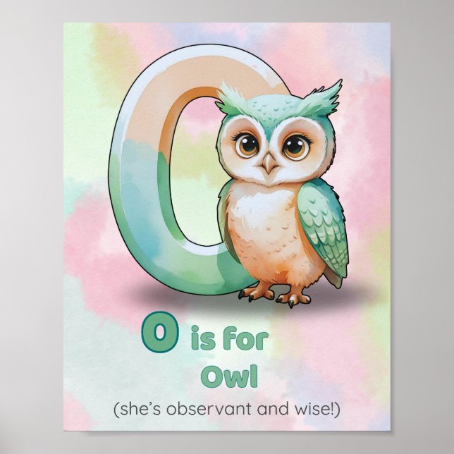O är för Uggla – Alfabetet Konsttryck för Barnkamm Poster (Framsidan)