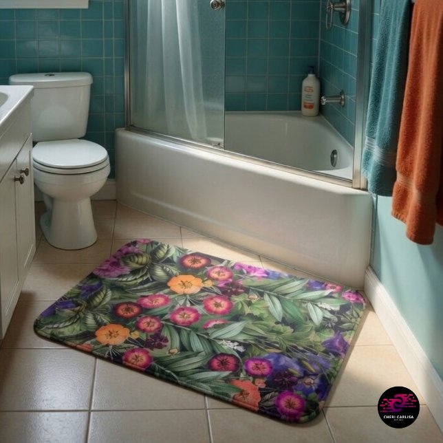 Ö Blommande Rosa Äng Badrumsmatta (Step out. Tropical florals. Island feel.)