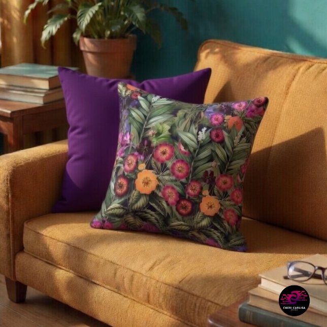 Ö Blommig Rosa Äng Kudde (Tropical florals. Island vibe up front. Purple on reset.)