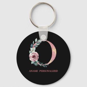 O Blommigt Monogram Namn Brev Rosa Agate Keychain Nyckelring
