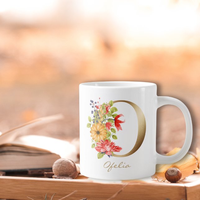 O Brev Guld Monogram Gult Red Lila Blommigt Jumbo Mugg (Skapare uppladdad)