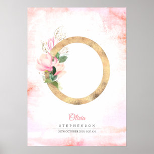 O Brev Monogram Guld Löv Rosa Magnolia Blommigt Poster
