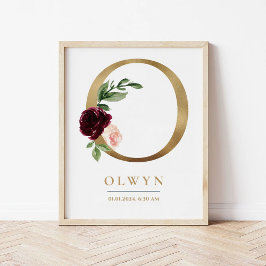 O Brev Monogram Namn Marsala Blommigt Nursery Poster