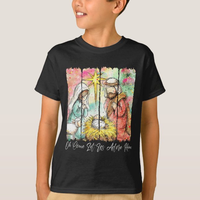 O Come Let Us Adore Him Jesus Christian Christmas  T Shirt (Framsida)