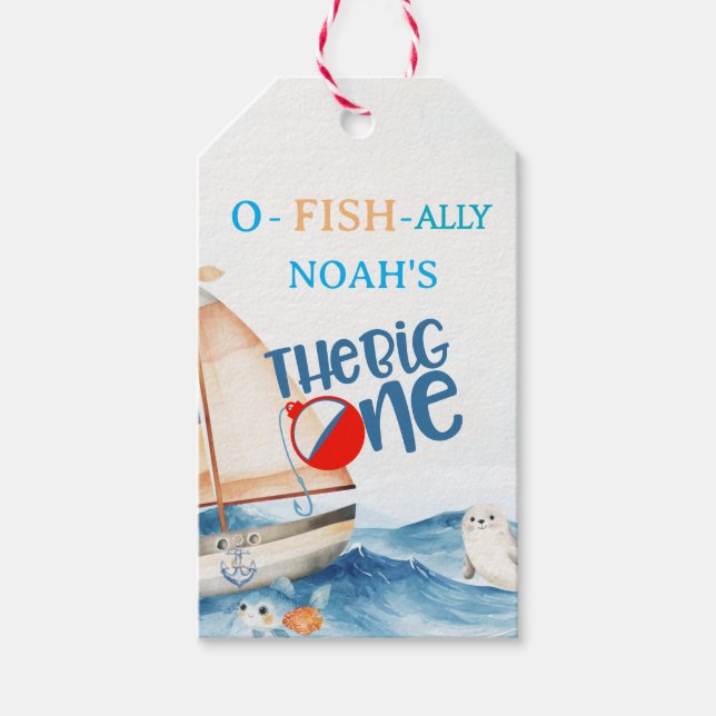 O-Fish-Ally Big One Birthday-inbjudan Presentetikett (Framsidan)