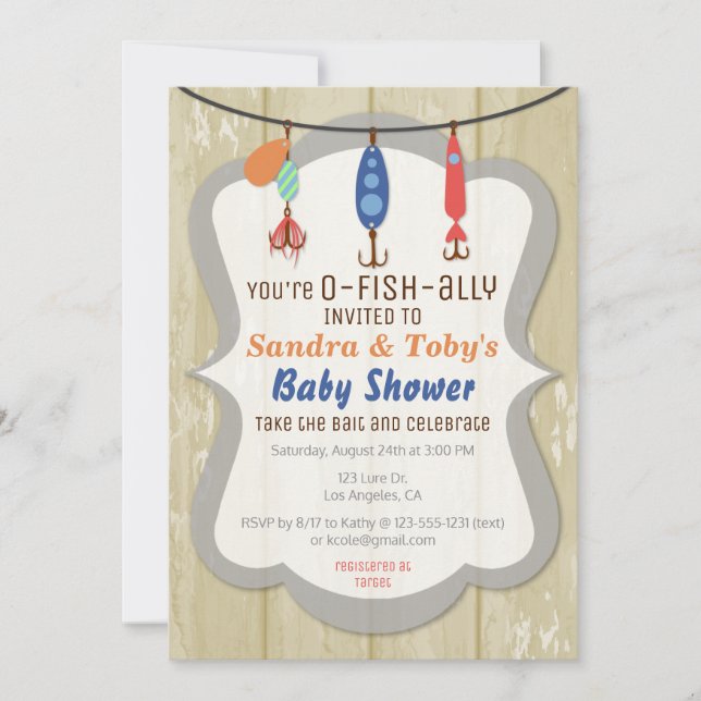 O-FISH-ALLY Fishing Baby Shower Invitation - Tan Inbjudningar (Framsida)
