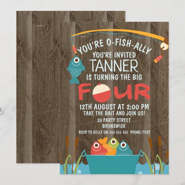 O-Fish-ally-Four Fishing Birthday bjudande Inbjudningar (Fram/baksida)