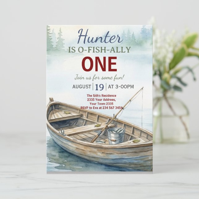 O-fish-Ally, Little Fisherman, 1st  Birthday Party Inbjudningar (Stående Fram)