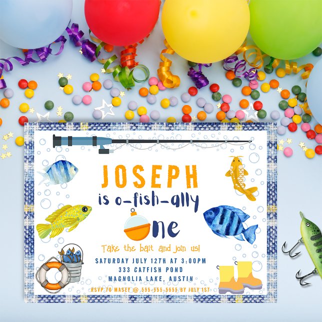 O Fiskally Ett fiske 1:a födelsedag Inbjudningar (o fish ally one,
boys fishing 1st birthday,)