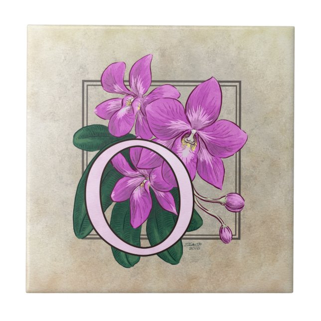 O för Orchids Flower Blommigt Monogram Kakelplatta (Framsidan)