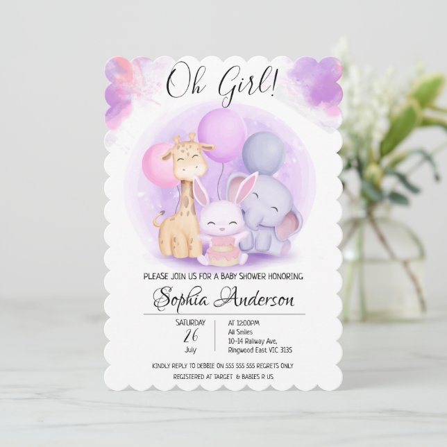 O Girl Elephant Giraffe Rabbit Balloon Baby Shower Inbjudningar (Stående Fram)