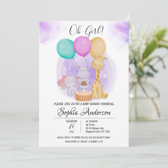 O Girl Elephant Hippo Giraffe Balloons Baby Shower Inbjudningar (Stående Fram)