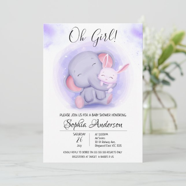 O Girl Rabbit and Elephant Baby Shower Inbjudningar (Stående Fram)