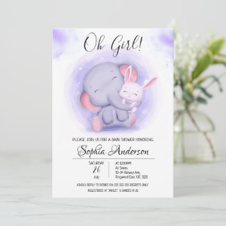 O Girl Rabbit and Elephant Baby Shower Inbjudningar