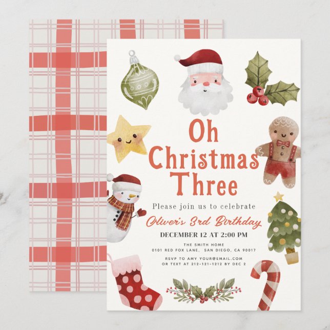O jul tre Santa 3-års födelsedag Inbjudningar (Fram/baksida)