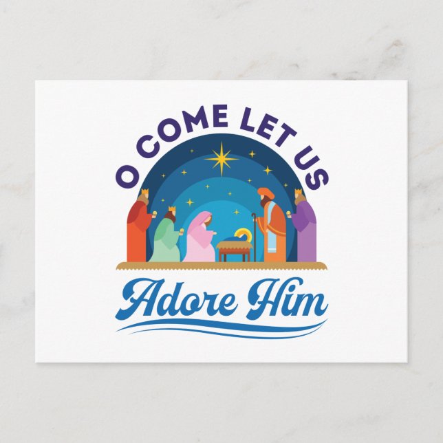 O Kom: Låt oss Adore honom Jul Christian Jesus Vykort (Framsida)