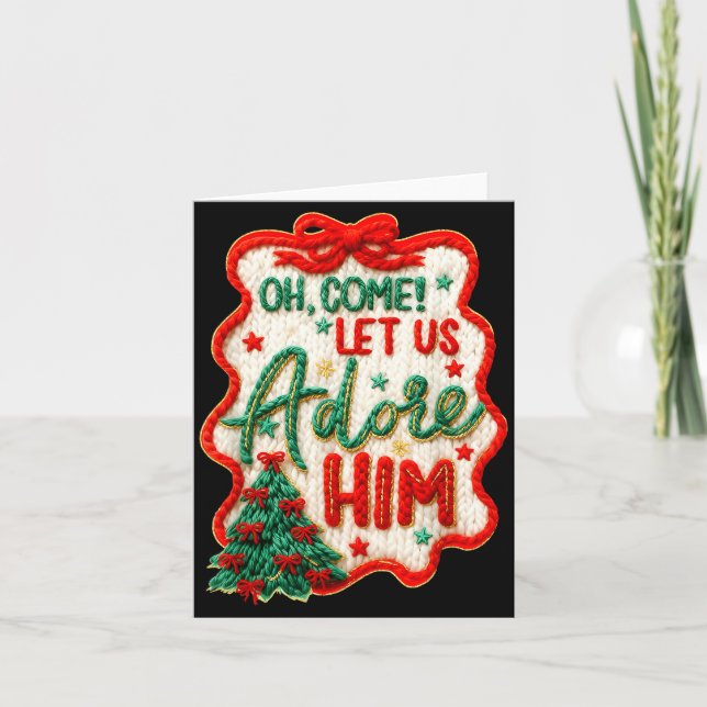 O, kom låt oss tillbe honom garn virka julkrubba C Kort (Framsida)