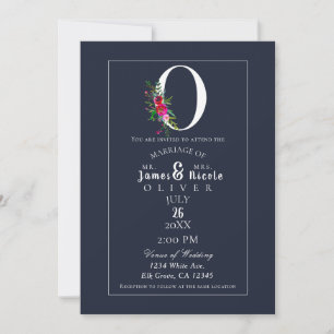 O Monogram Sista Initial Modern Blå Blommig Bröllo Inbjudningar