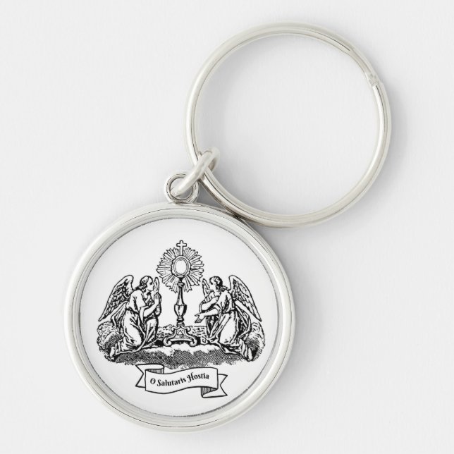 O Salutaris Hostia Keychain Rund Silverfärgad Nyckelring (Framsidan)