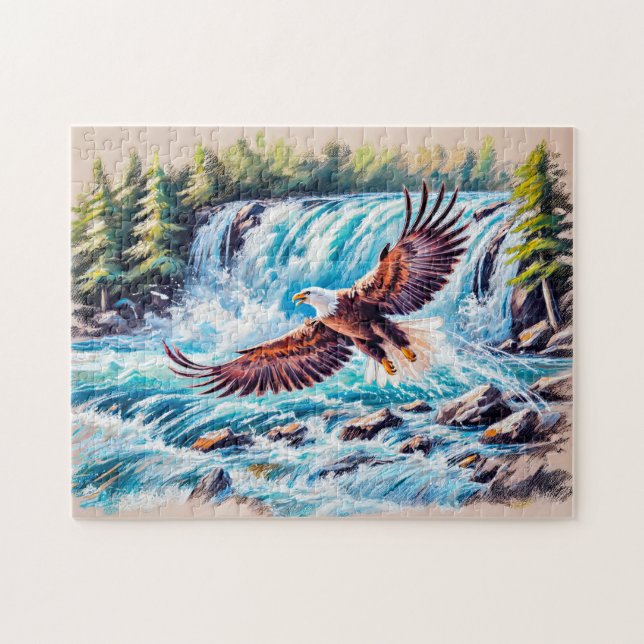 Öagle som flyger framför vattenfall Pastel Chalk Pussel (Horisontell)