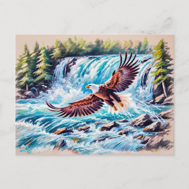 Öagle som flyger framför vattenfall Pastel Chalk Vykort (Framsida)