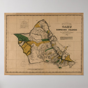 Oahu, 1881, Vintage Hawaii Karta Poster