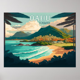 Oahu Hawaii Beach Vintage Retro Poster