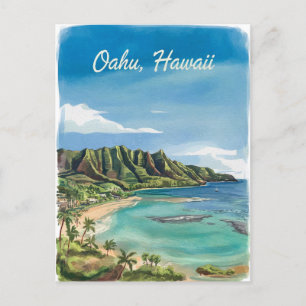 Oahu Hawaii Beach Watercolor Painting Vykort