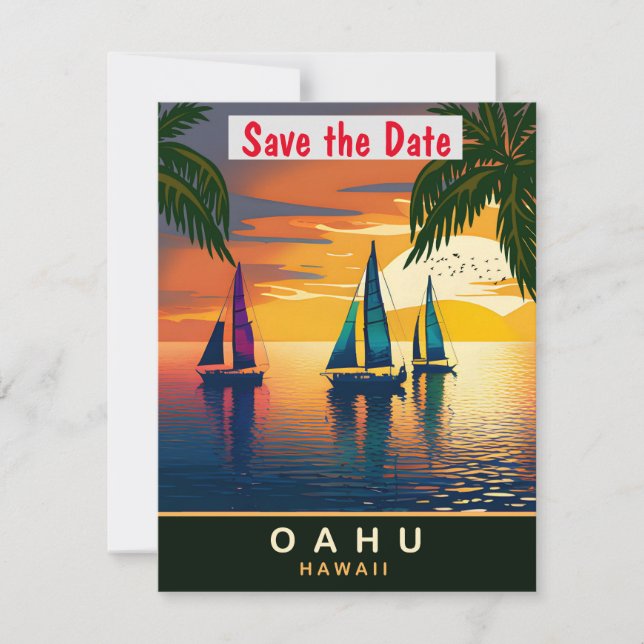 Oahu Hawaii Segelbåt Retro Bröllopsinbjudan Spara Datumet (Framsida)