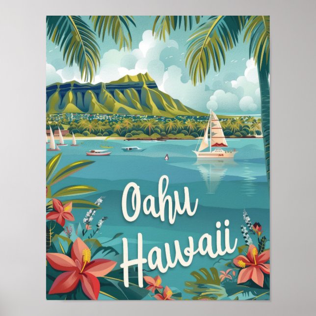 Oahu Hawaii Travel Poster Art Print Poster (Framsidan)