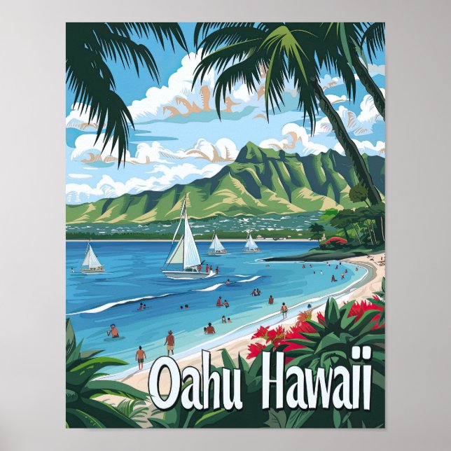 Oahu Hawaii Travel Poster Art Print Poster (Framsidan)