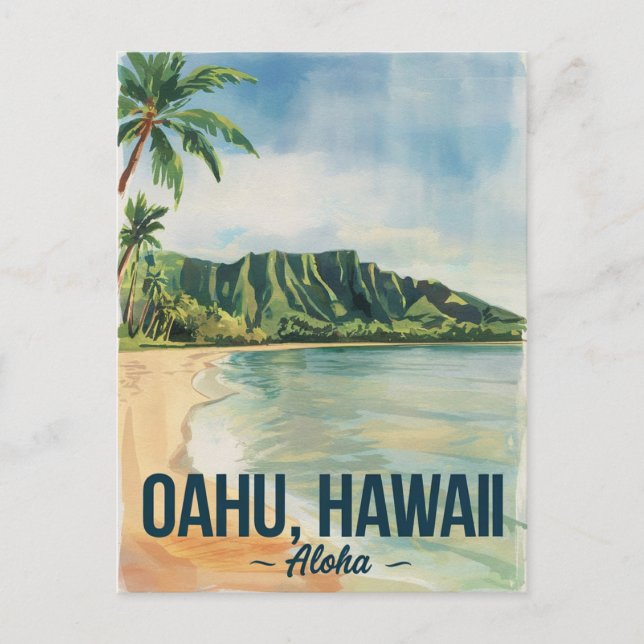 Oahu Hawaii Watercolor Painting Travel Vykort (Framsida)