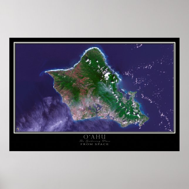 Oahu Island Hawaii Satellite Poster Karta (Framsidan)