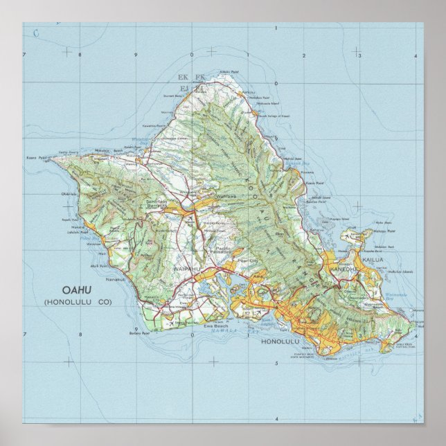 Oahu Vintage Karta Poster (Framsidan)
