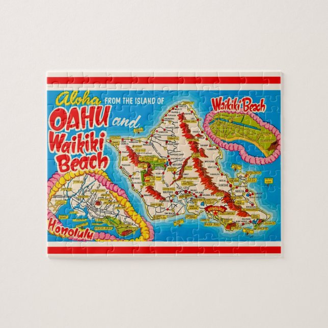 Oahu Wikiki Beach Karta 8x10 Pussel (Horisontell)