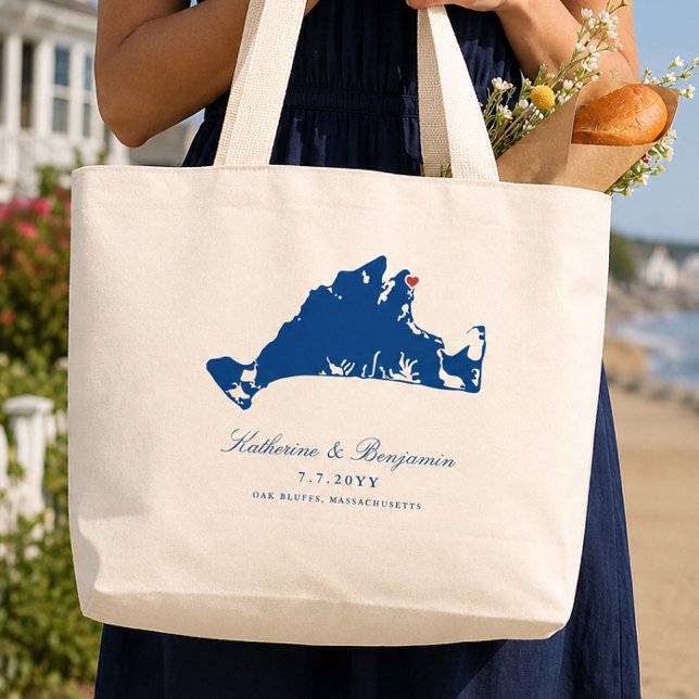 Oak Bluffs Bröllop Martha's Vineyard Karta Välkomm Jumbo Tygkasse (Sailing Camp Park Wedding Tote Bag Oak Bluffs Map Martha's Vineyard Wedding Welcome Bag by Coastal M)